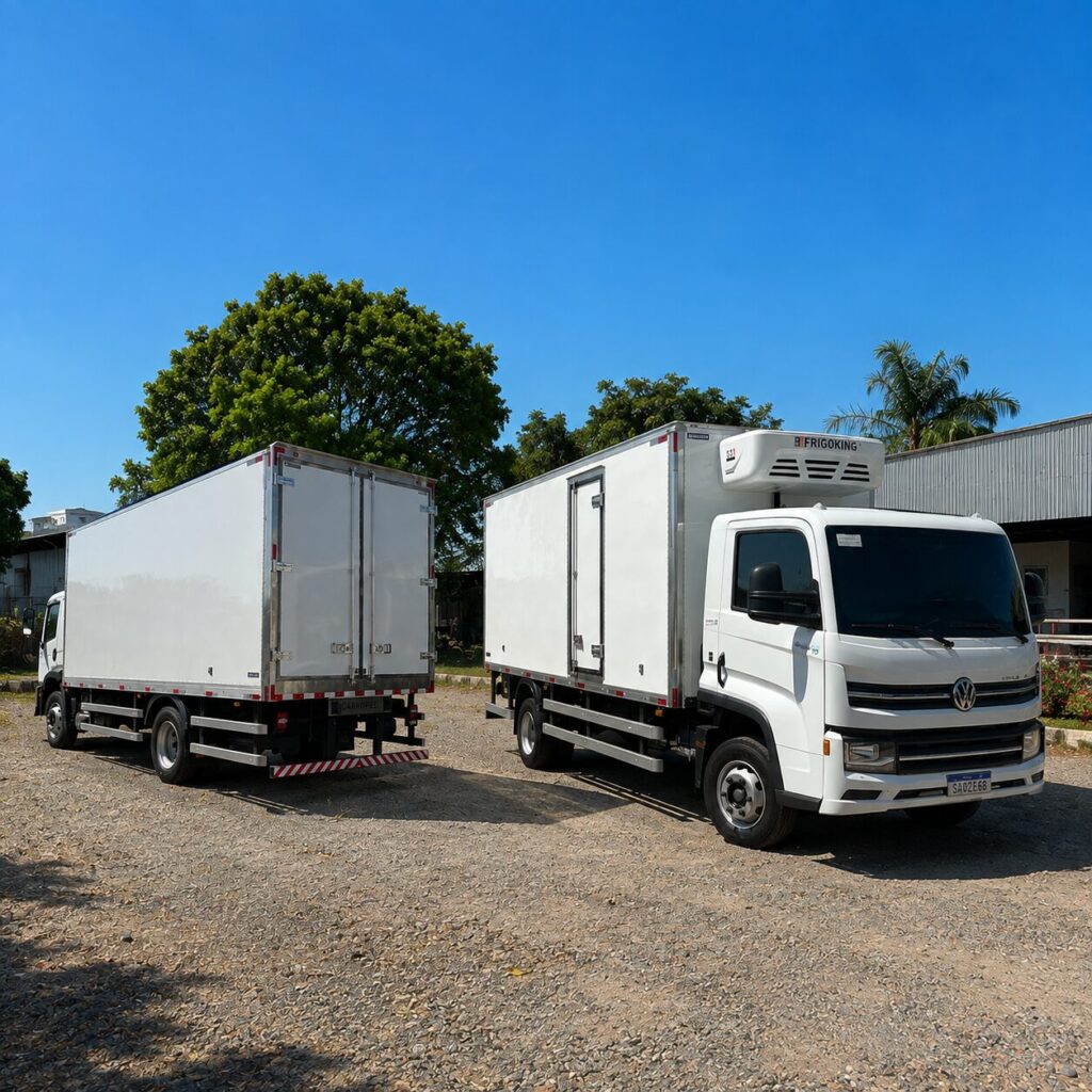 Dois baús frigoríficos Carropel em caminhões Volkswagen, um com aparelho Frigoking