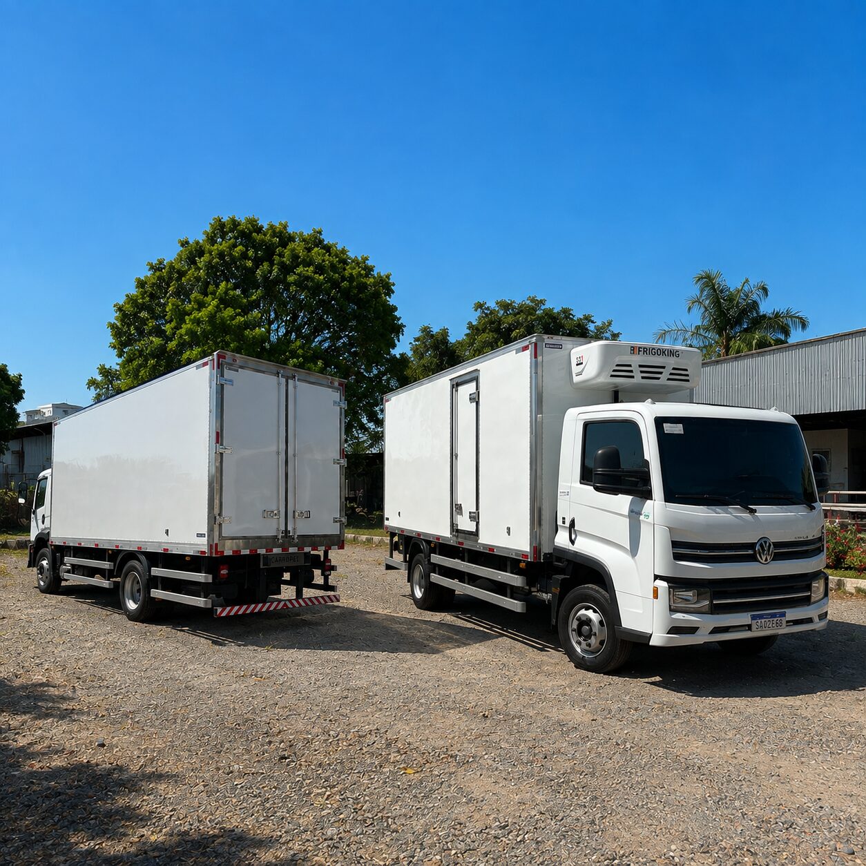Dois baús frigoríficos Carropel em caminhões Volkswagen, um com aparelho Frigoking